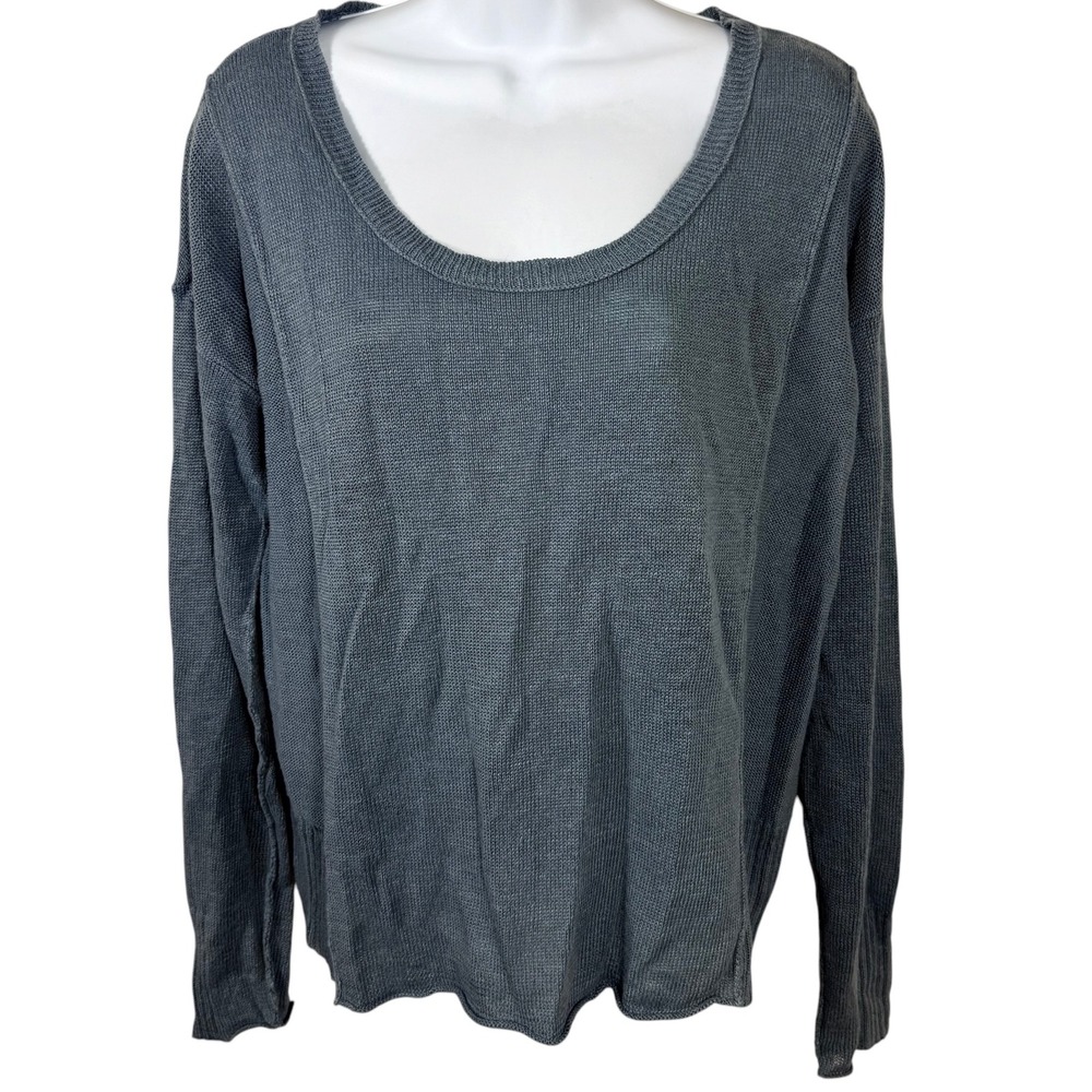 Eileen Fisher 100% Linen Scoop Neck Sweater Blue Gray XS Oversized Knit Top